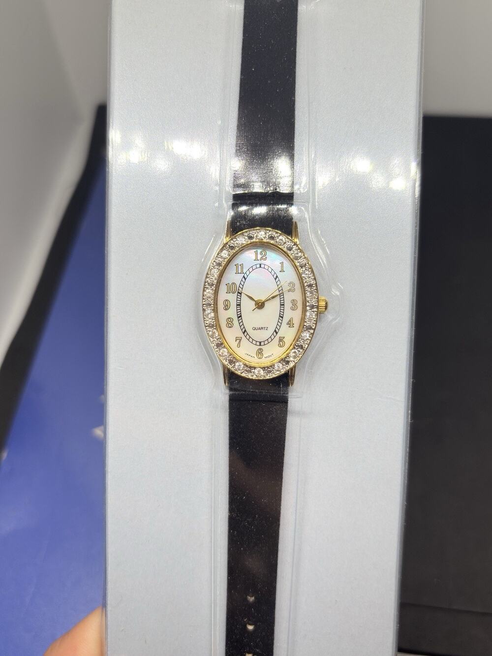 Avon MOP Rhinestone Gold Tone Case Black Leather Band Watch Original Box